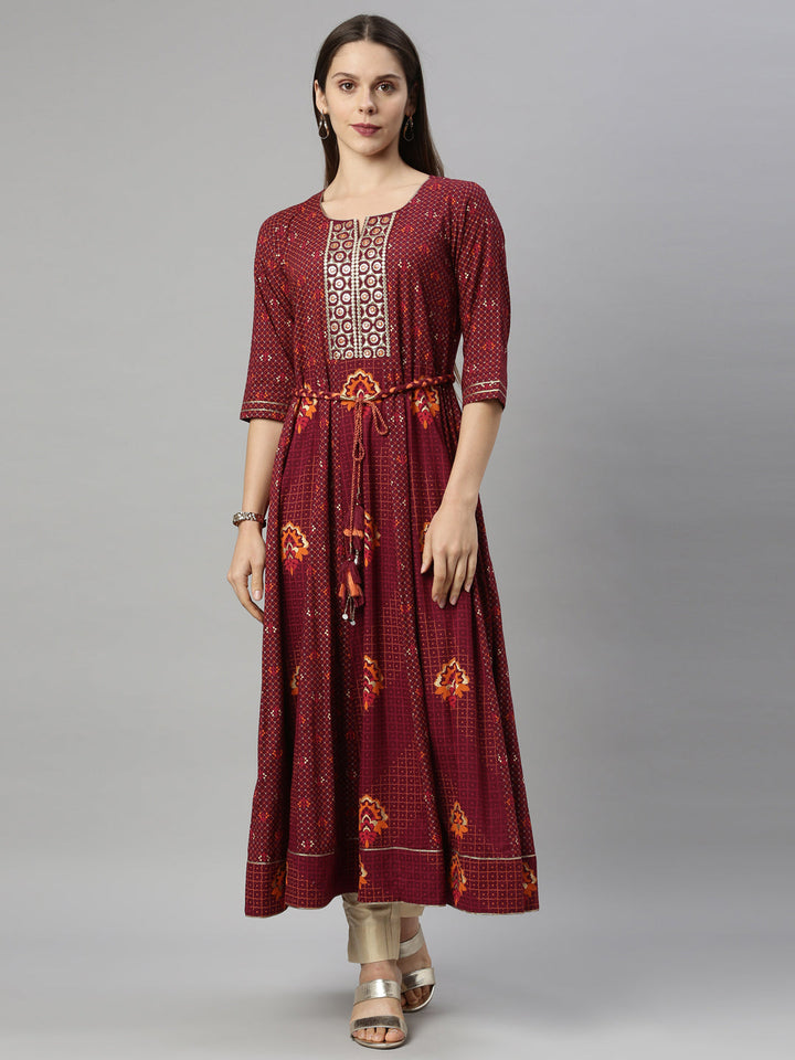 Neerus Maroon viscose rayon thread embroidered anarkali kurti - front view