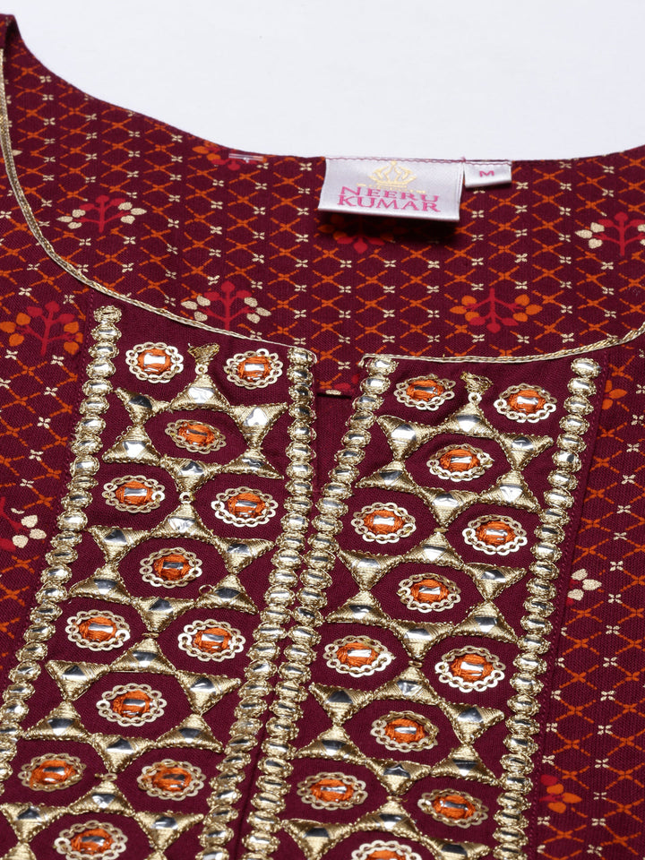Neerus Maroon viscose rayon thread embroidered anarkali kurti - back view
