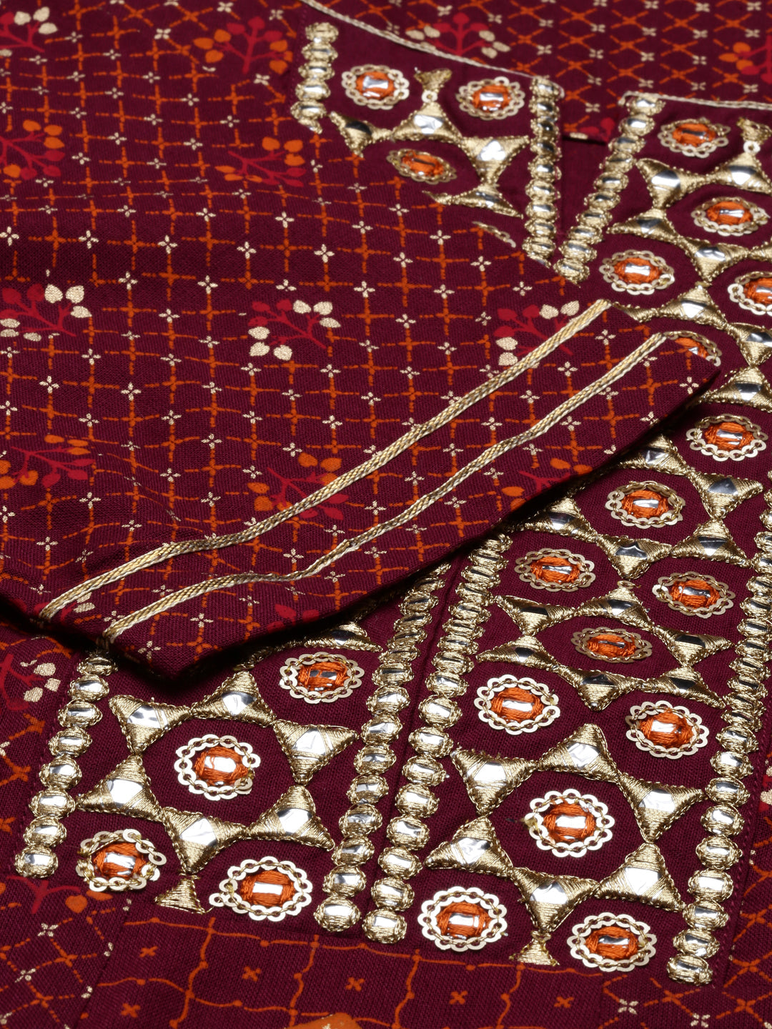 Neerus Maroon viscose rayon thread embroidered anarkali kurti - side view