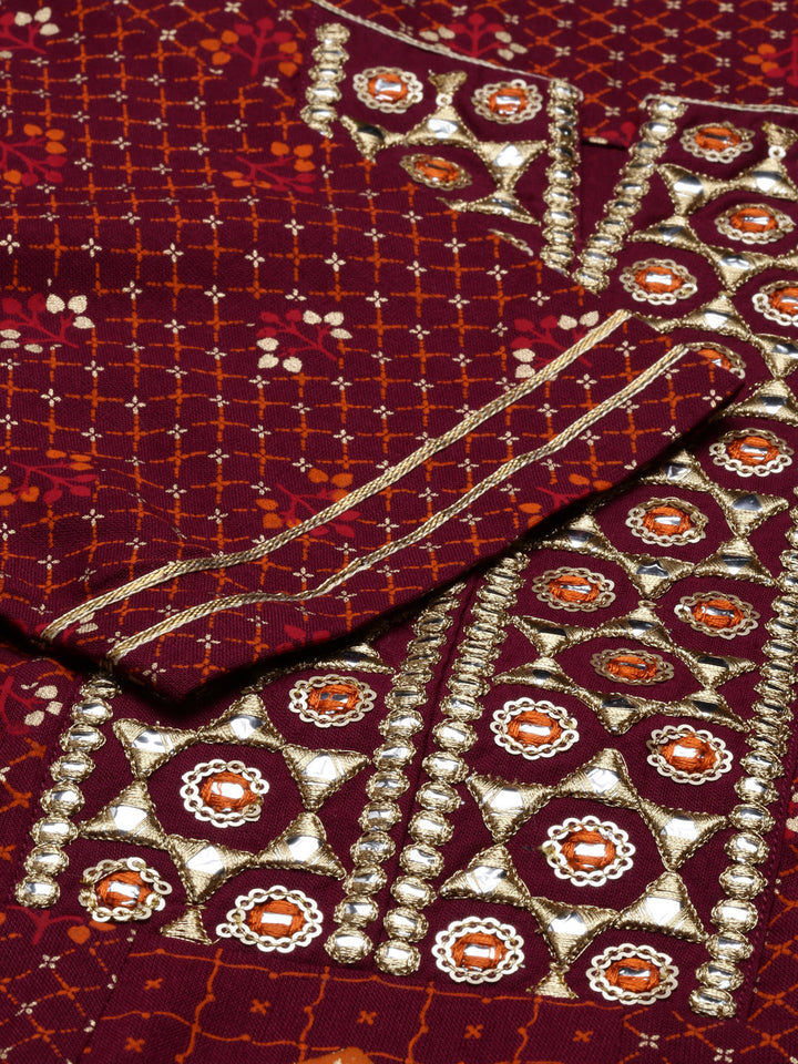 Neerus Maroon viscose rayon thread embroidered anarkali kurti - side view