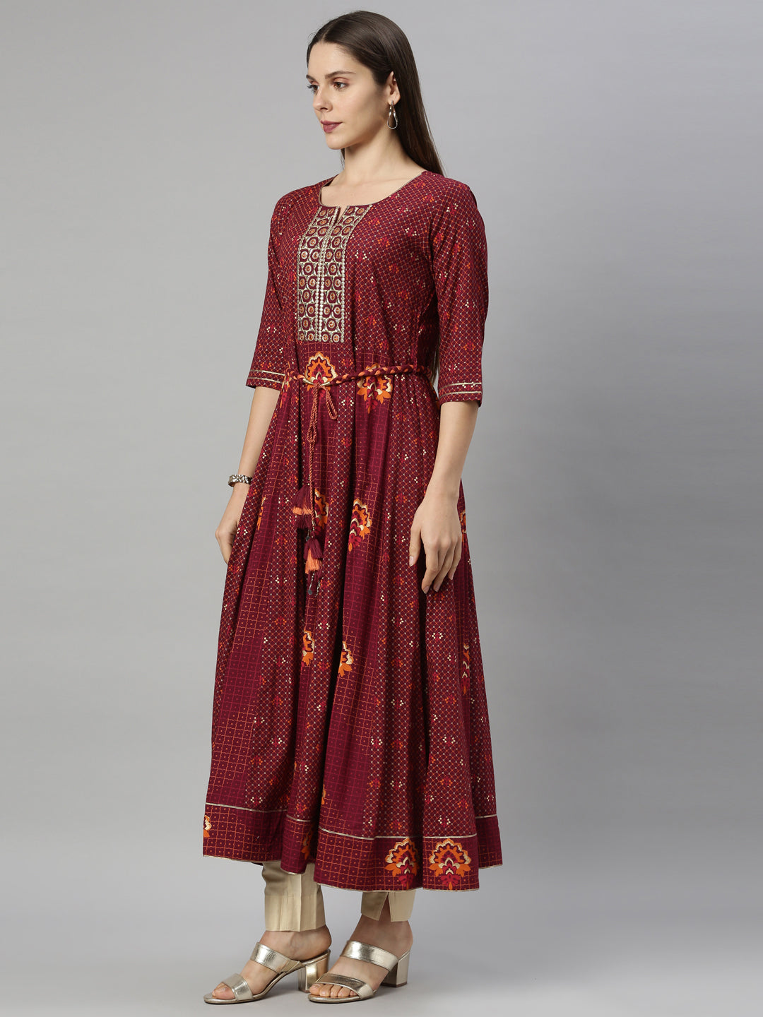 Neerus Maroon viscose rayon thread embroidered anarkali kurti - detail view 1