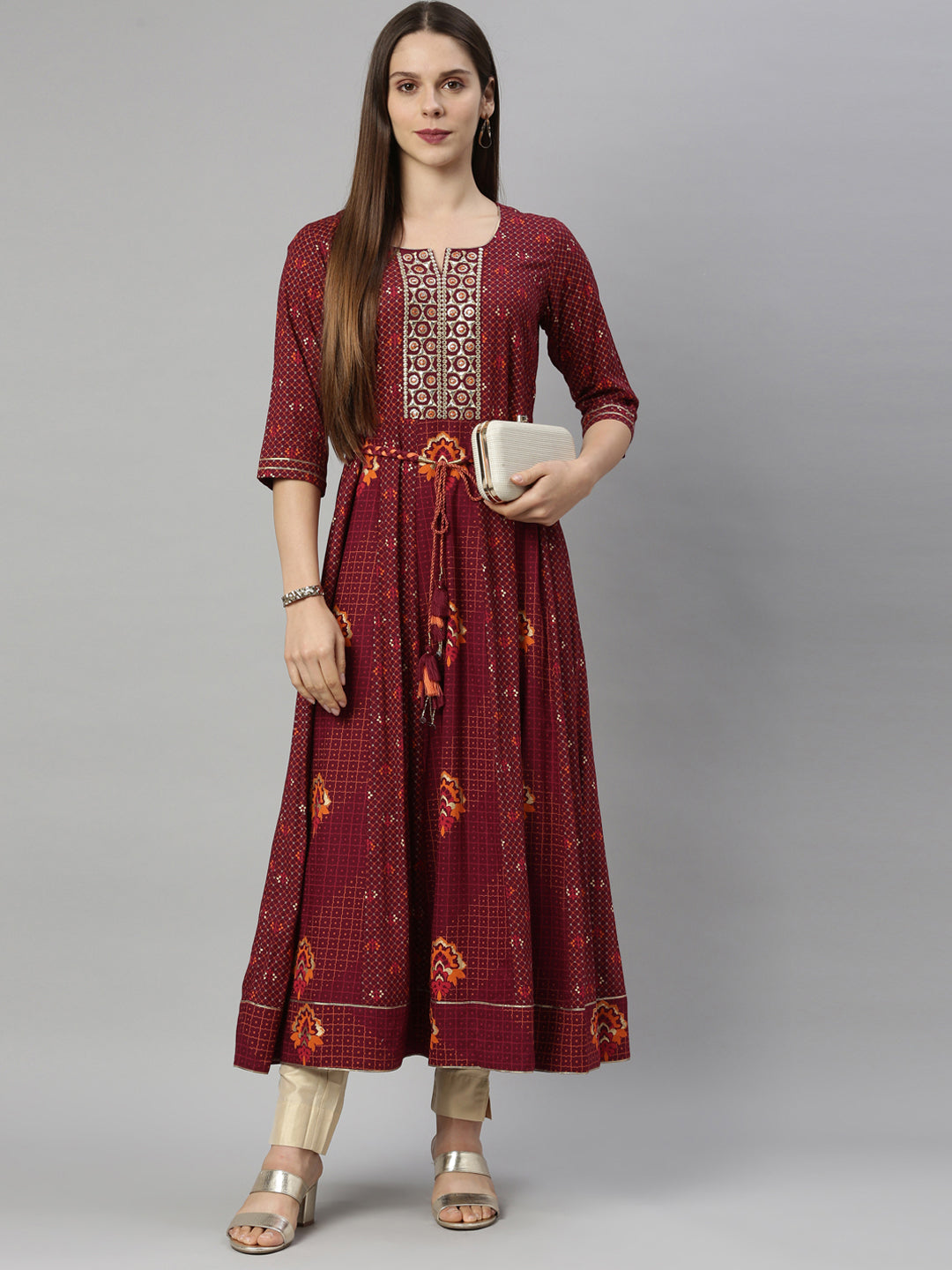 Neerus Maroon viscose rayon thread embroidered anarkali kurti - detail view 4