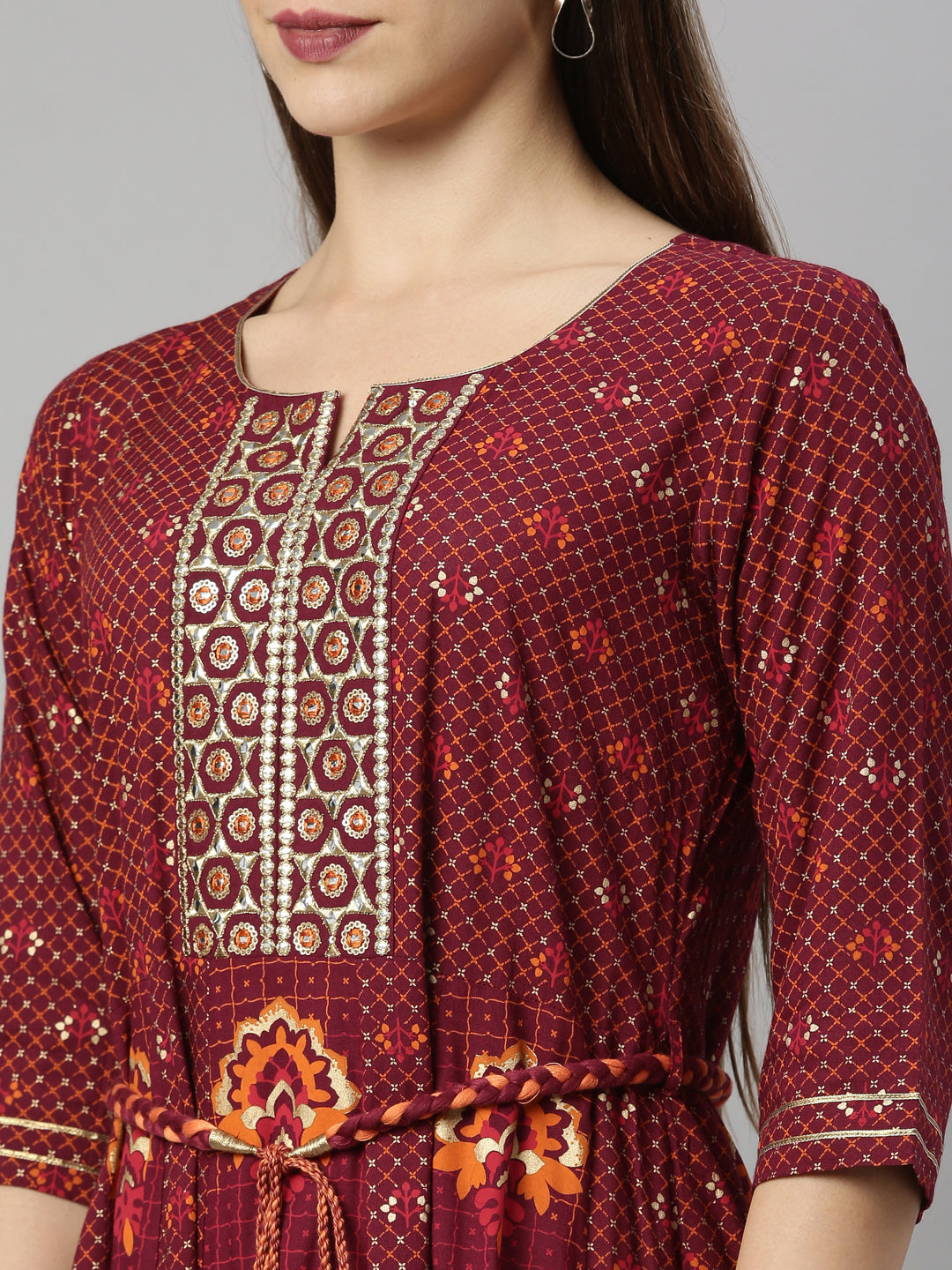 Neerus Maroon viscose rayon thread embroidered anarkali kurti - detail view 5