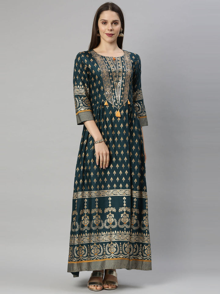 Neerus Green shantoon printed anarkali kurti - front view