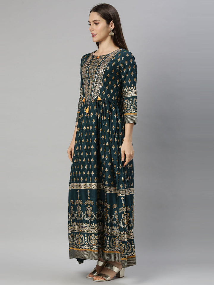 Neerus Green shantoon printed anarkali kurti - detail view 1