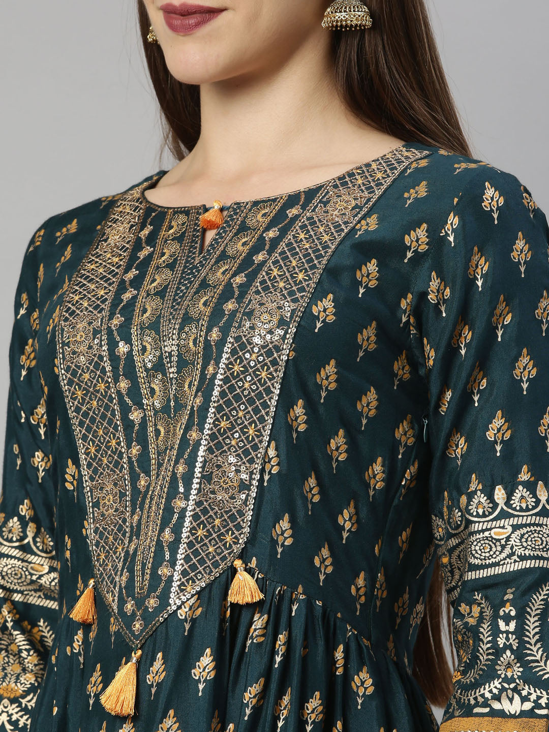 Neerus Green shantoon printed anarkali kurti - detail view 5