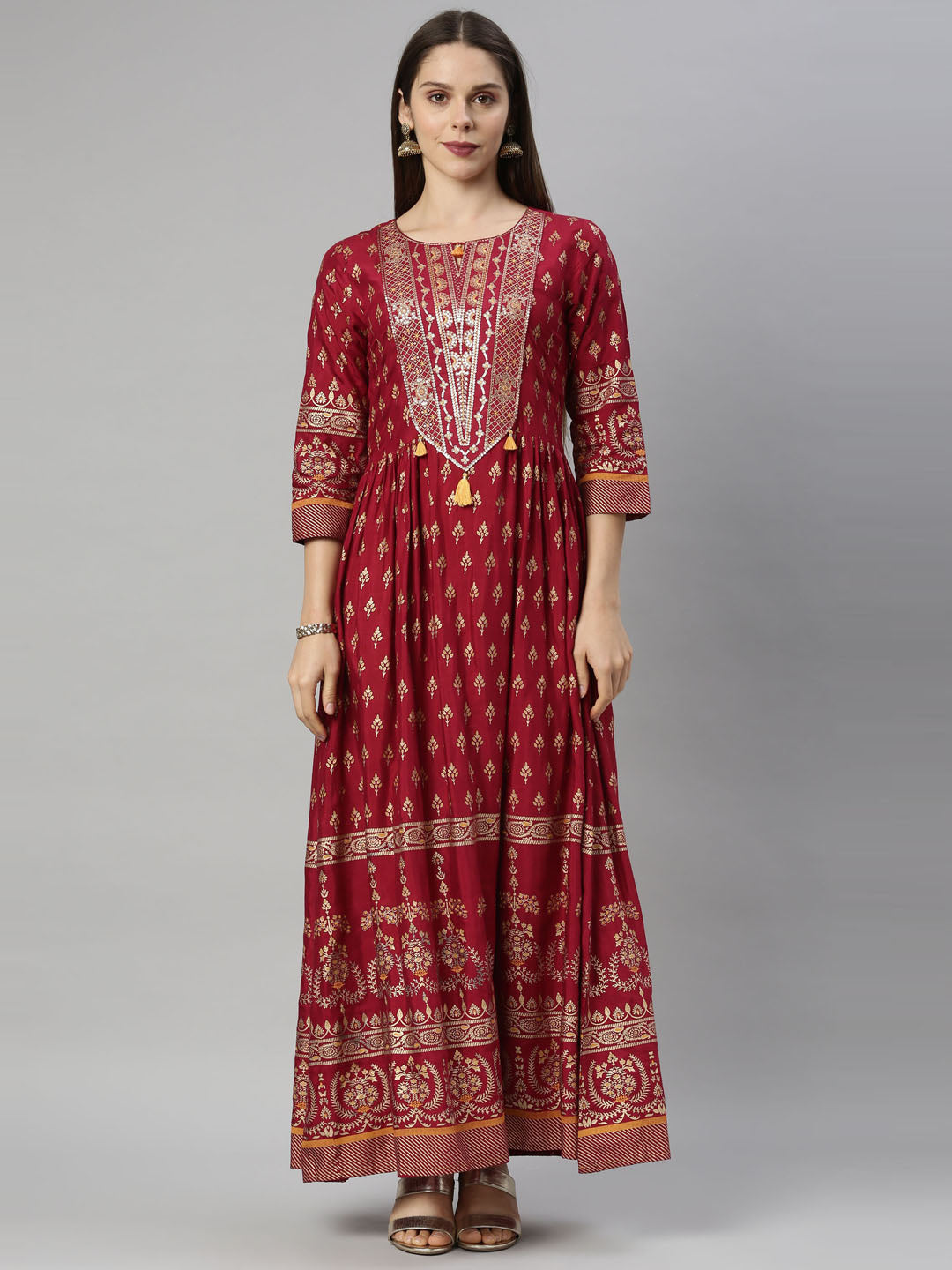 Neerus Maroon Shantoon printed Anarkali kurti - front view