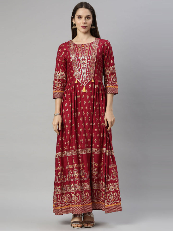 Neerus Maroon Shantoon printed Anarkali kurti - front view