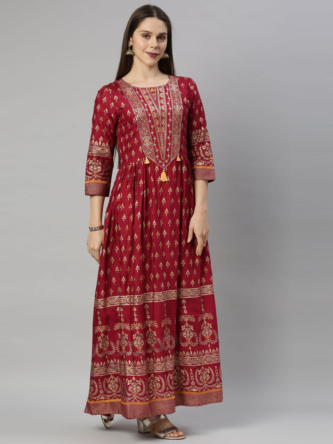 Neerus Maroon Shantoon printed Anarkali kurti - detail view 2