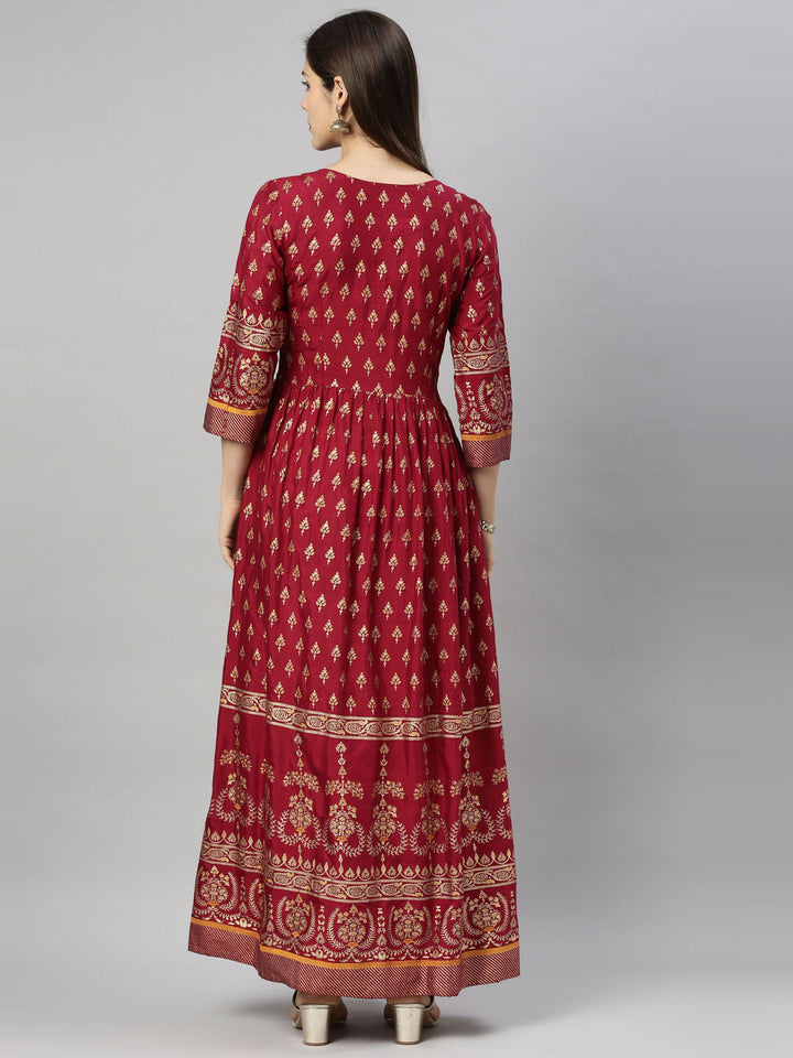 Neerus Maroon Shantoon printed Anarkali kurti - detail view 3