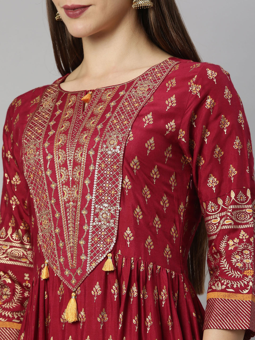 Neerus Maroon Shantoon printed Anarkali kurti - detail view 5