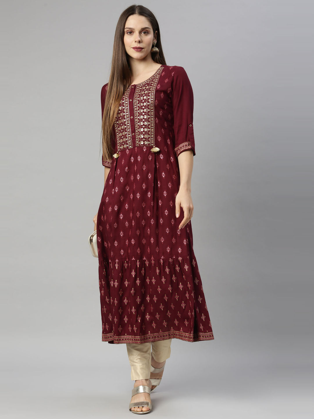Neerus Maroon viscose rayon straight kurti - front view