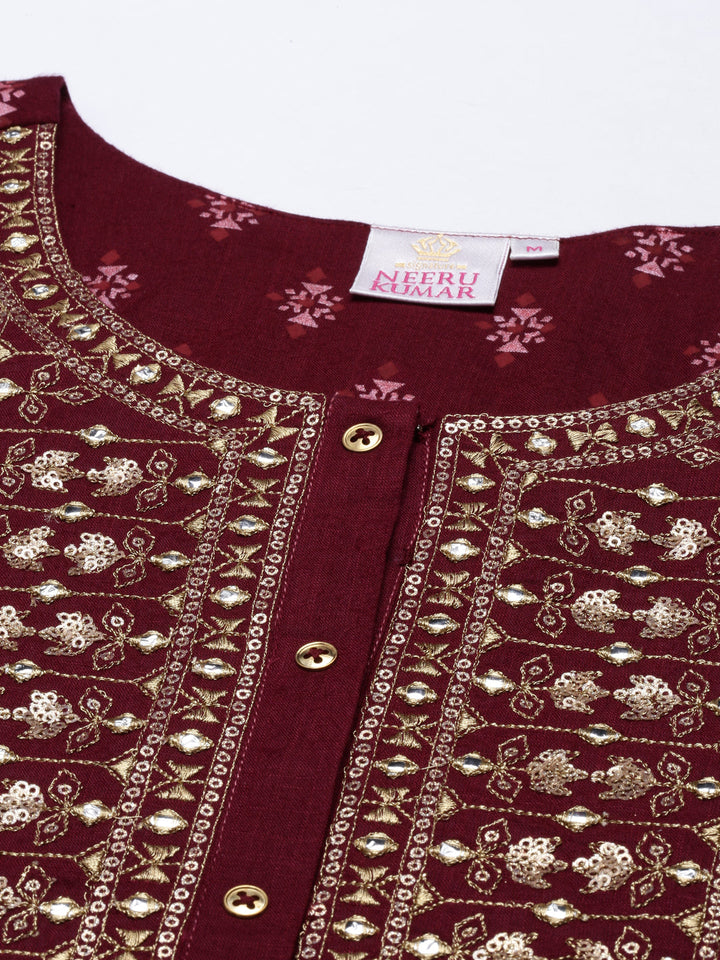 Neerus Maroon viscose rayon straight kurti - back view