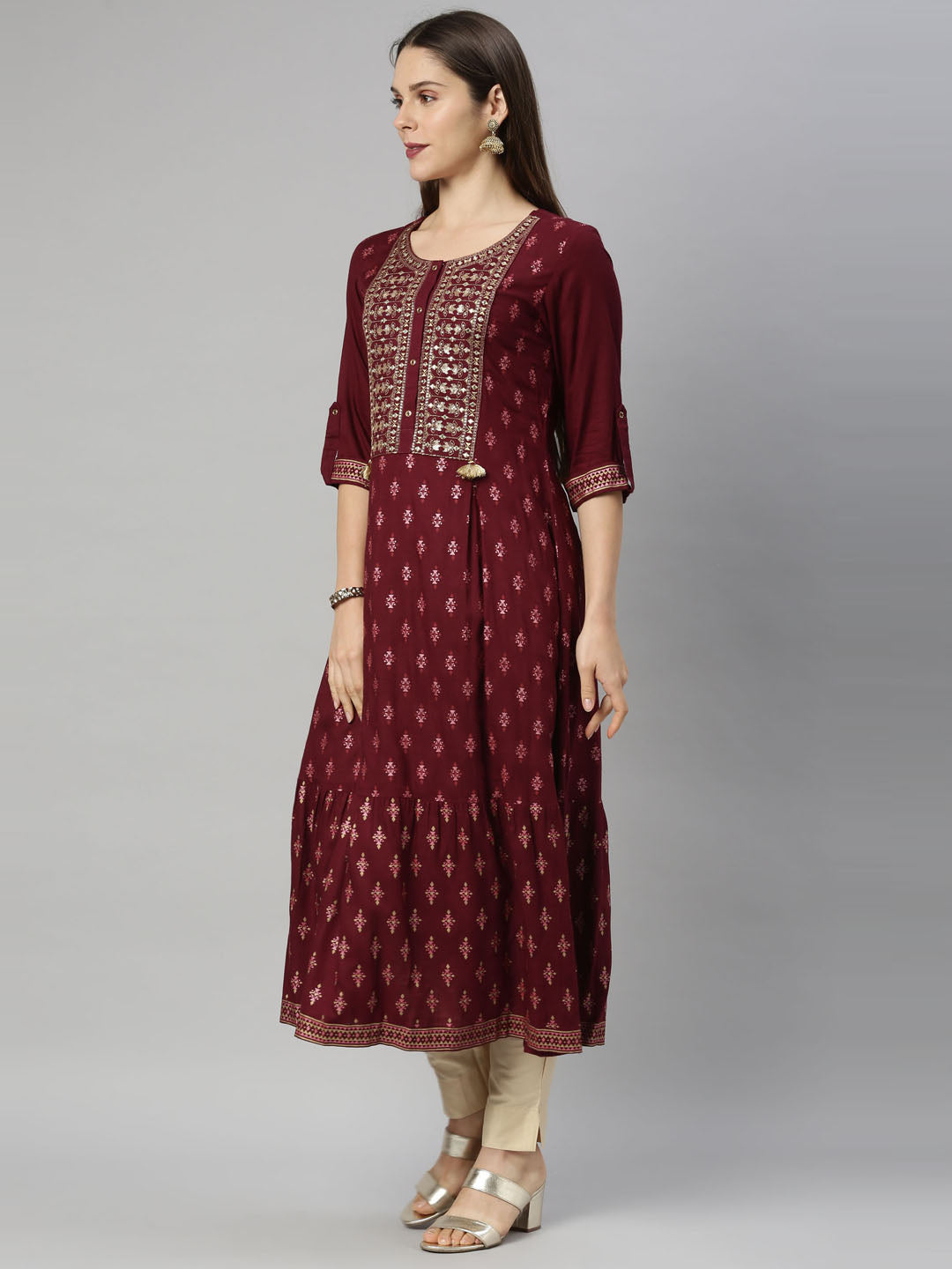 Neerus Maroon viscose rayon straight kurti - detail view 1