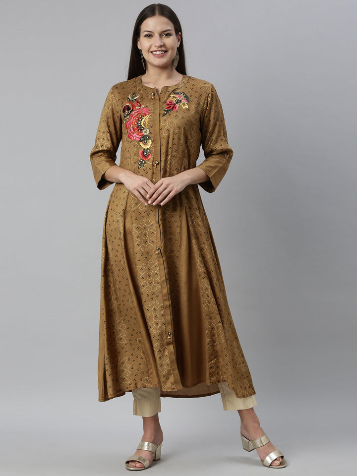Neerus Brown shantoon printed kurti - front view