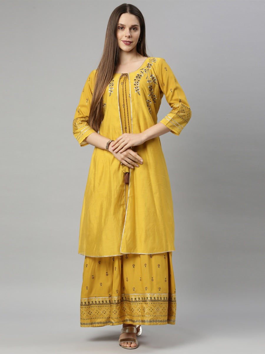 Neerus Yellow Chanderi Straight Kurti - front view