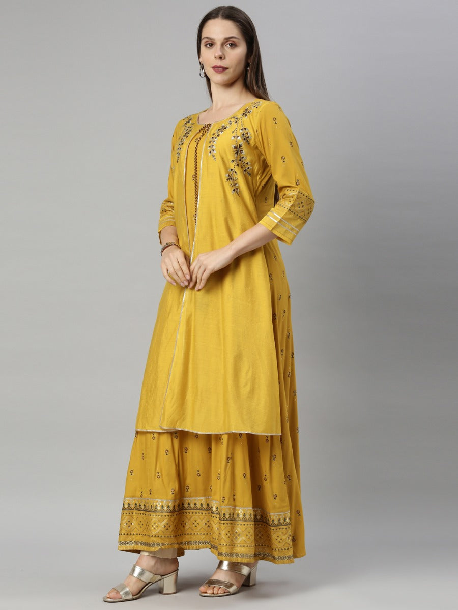 Neerus Yellow Chanderi Straight Kurti - detail view 1