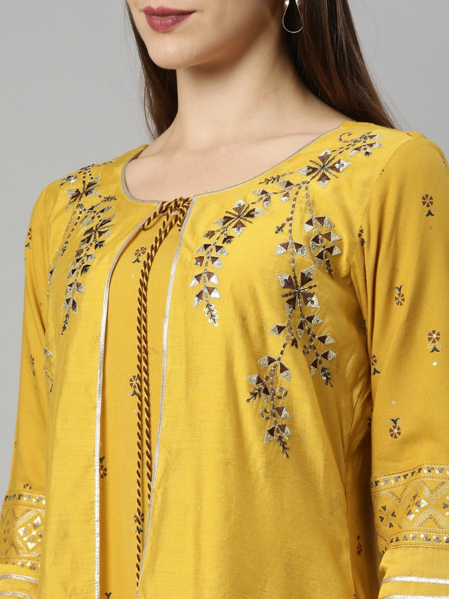 Neerus Yellow Chanderi Straight Kurti - detail view 5