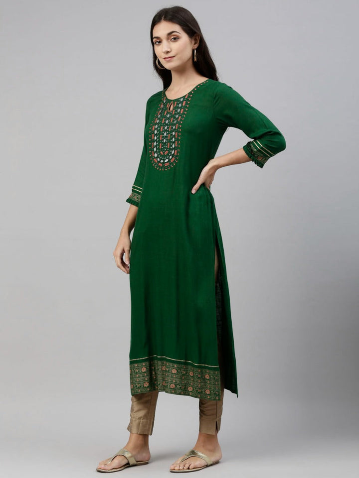 Neerus Green viscose rayon solid kurti - detail view 3