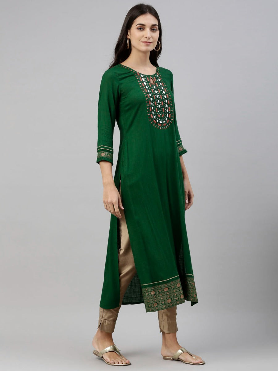 Neerus Green viscose rayon solid kurti - detail view 4