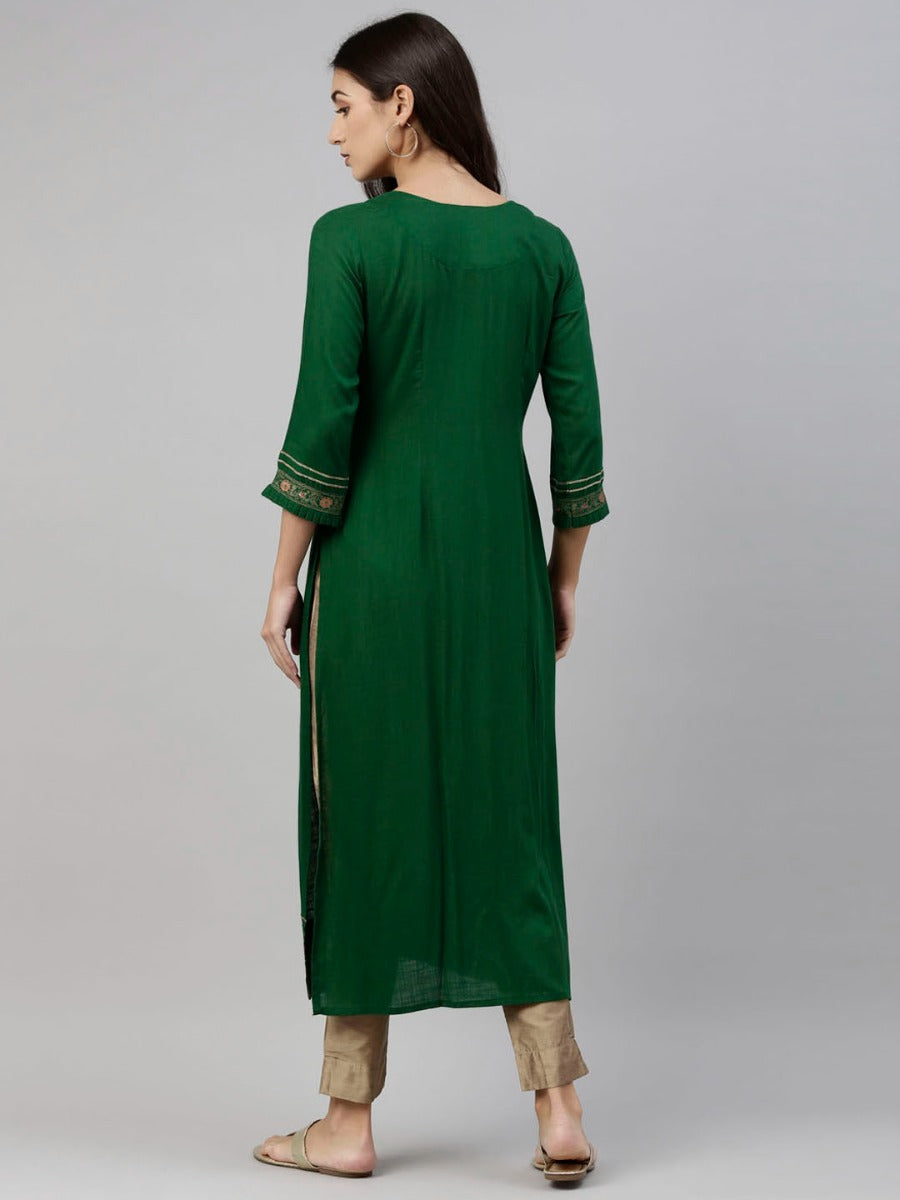 Neerus Green viscose rayon solid kurti - detail view 5