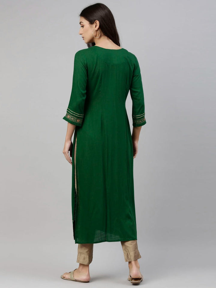 Neerus Green viscose rayon solid kurti - detail view 5