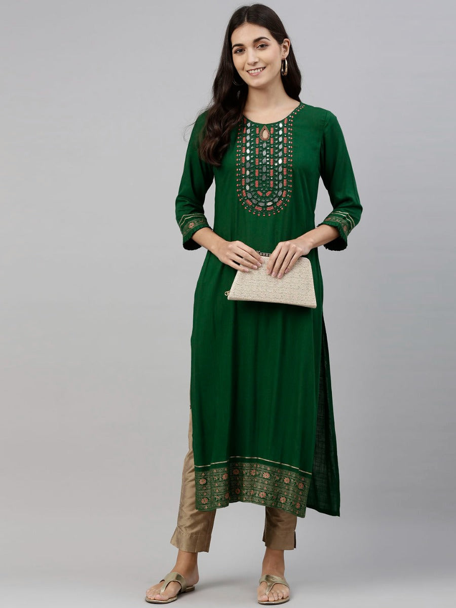 Neerus Green viscose rayon solid kurti - front view