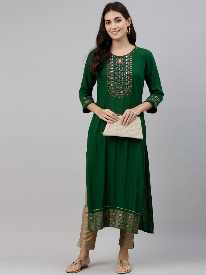 Neerus Green viscose rayon solid kurti - front view