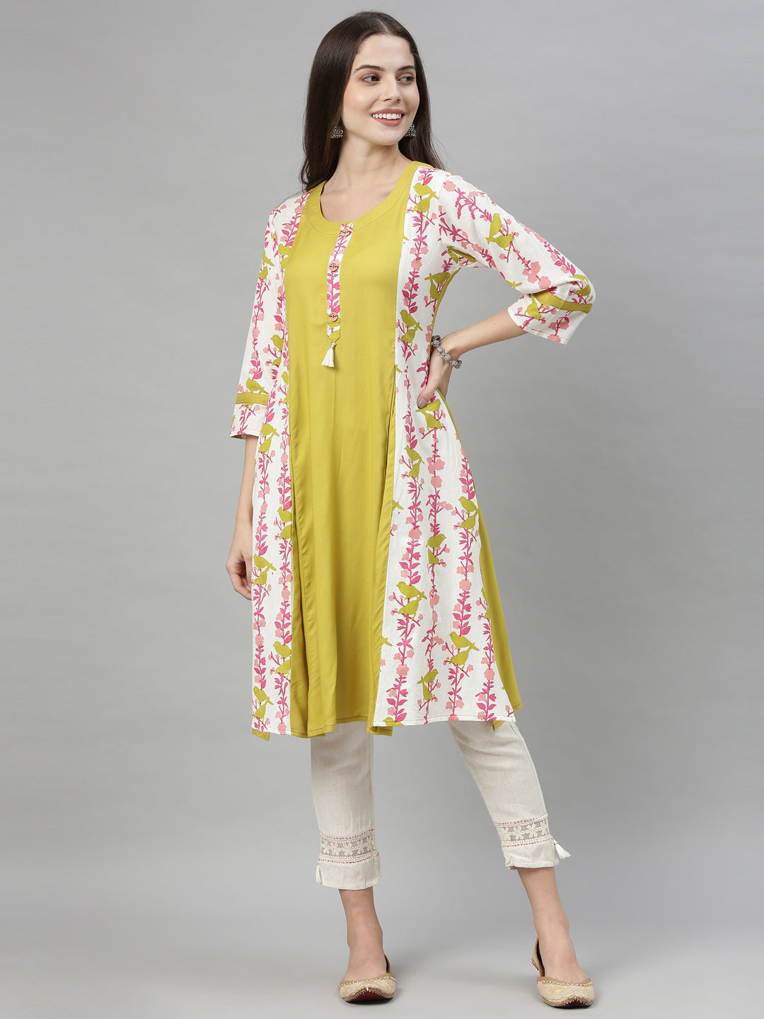 Neerus Green viscose rayon printed A-Line kurti - back view