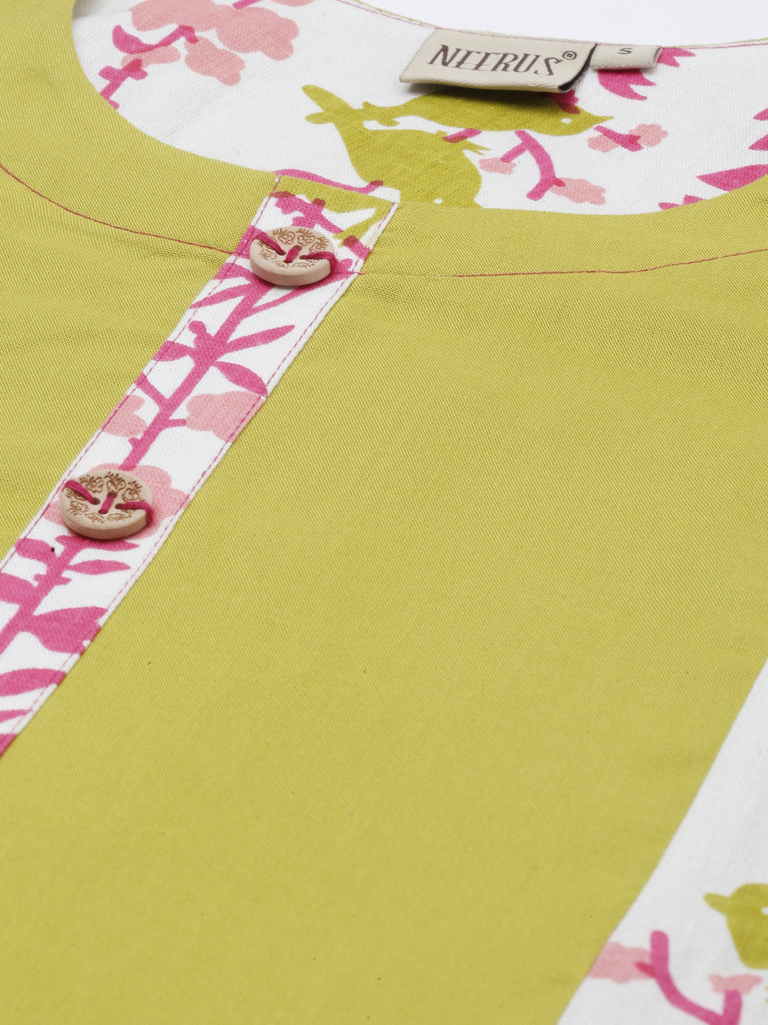 Neerus Green viscose rayon printed A-Line kurti - detail view 5