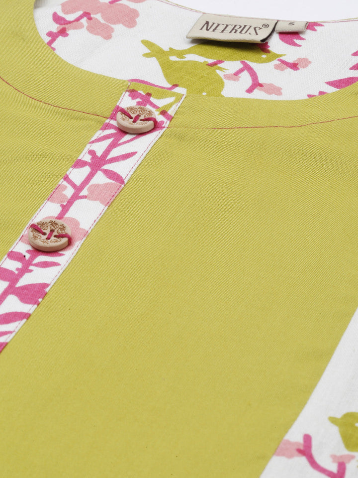 Neerus Green viscose rayon printed A-Line kurti - detail view 5