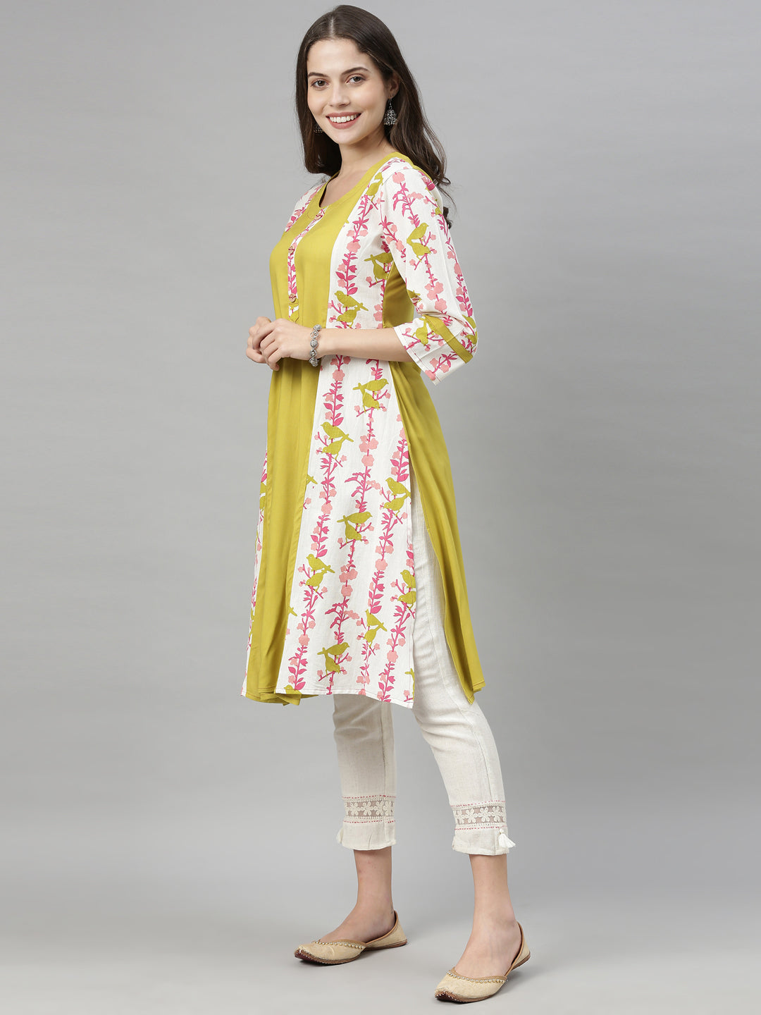 Neerus Green viscose rayon printed A-Line kurti - side view