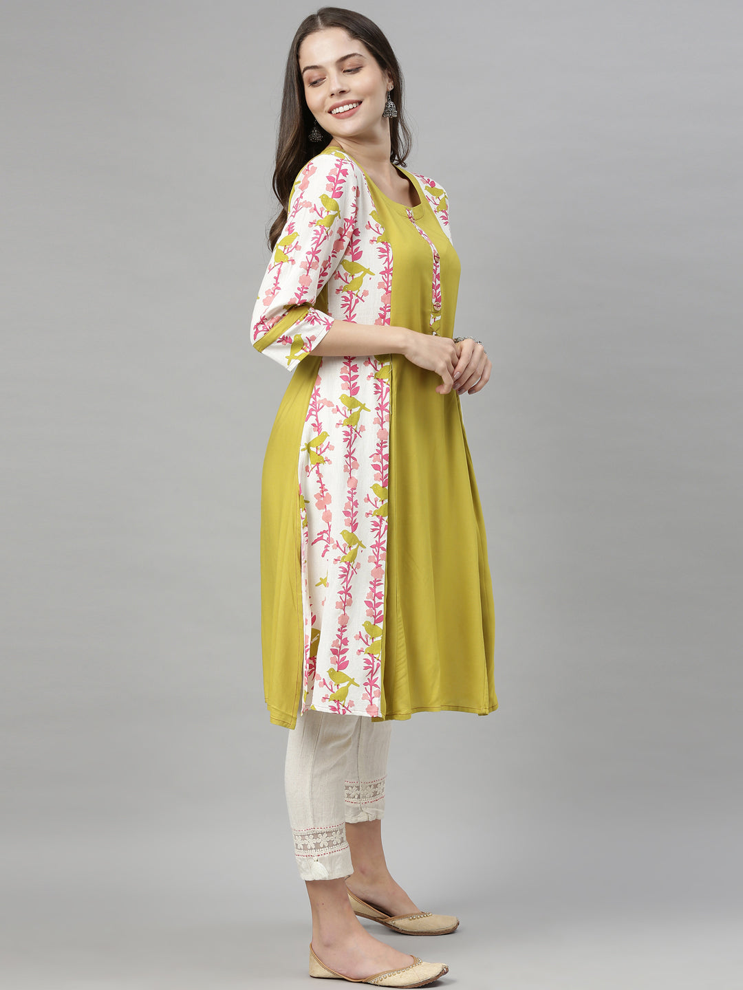 Neerus Green viscose rayon printed A-Line kurti - detail view 1