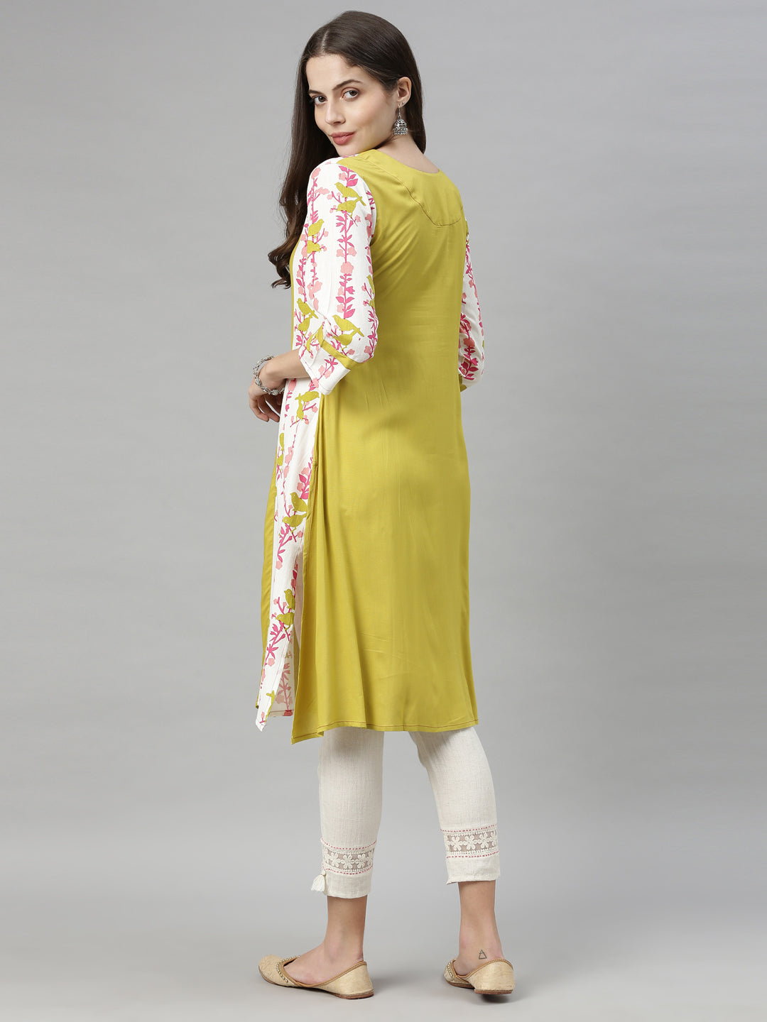 Neerus Green viscose rayon printed A-Line kurti - detail view 2
