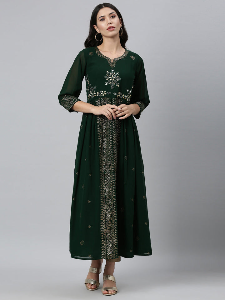 Neerus Green georgette thread embroidered flared kurti - front view