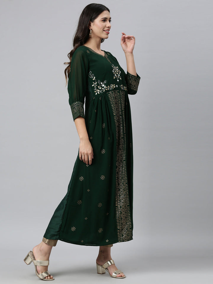Neerus Green georgette thread embroidered flared kurti - back view