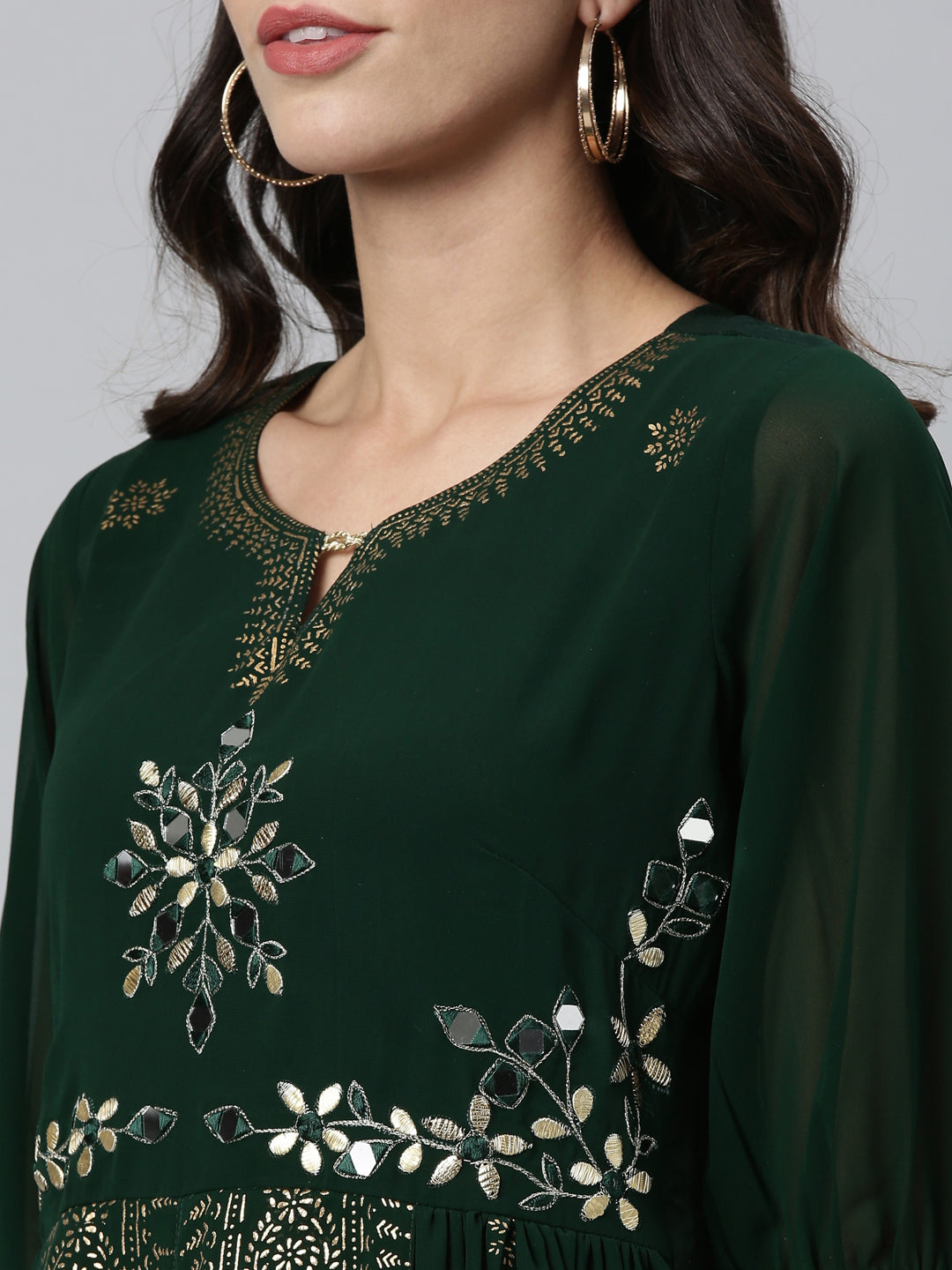Neerus Green georgette thread embroidered flared kurti - detail view 1