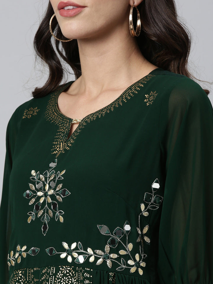 Neerus Green georgette thread embroidered flared kurti - detail view 1