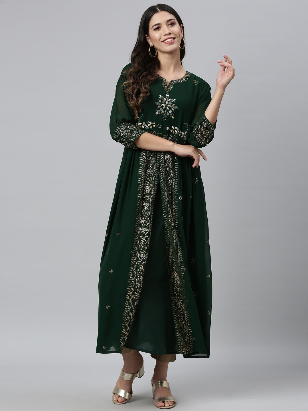 Neerus Green georgette thread embroidered flared kurti - detail view 2