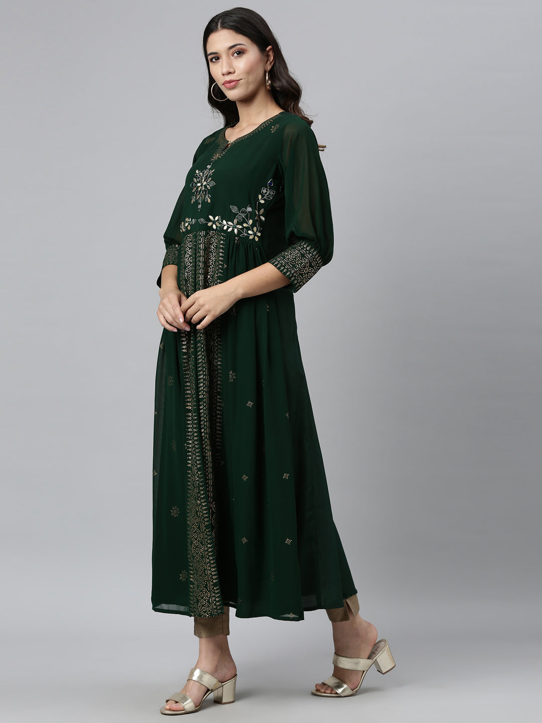 Neerus Green georgette thread embroidered flared kurti - detail view 3