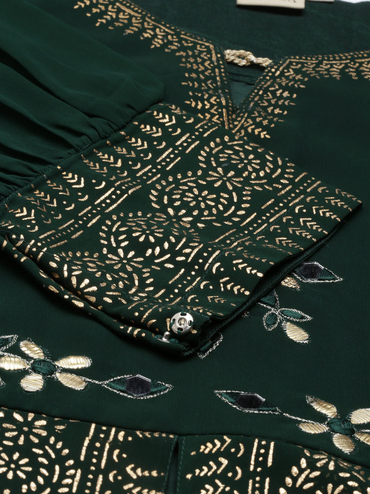 Neerus Green georgette thread embroidered flared kurti - detail view 4