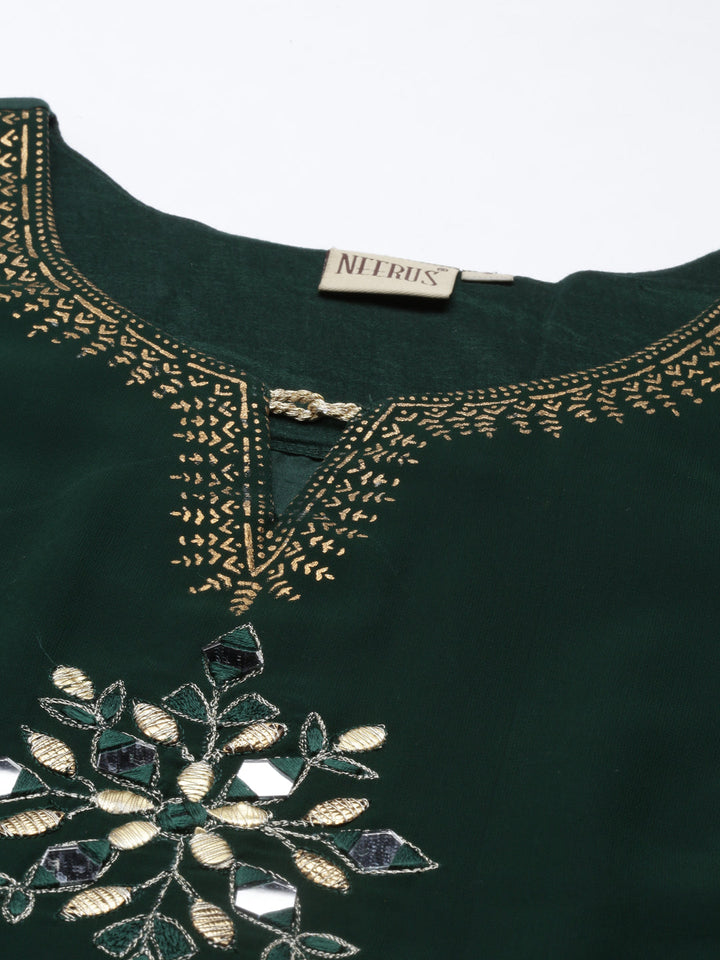Neerus Green georgette thread embroidered flared kurti - detail view 5
