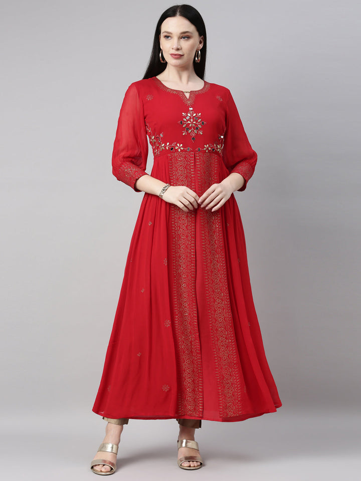 Neerus Red georgette embellished straight dress - front view