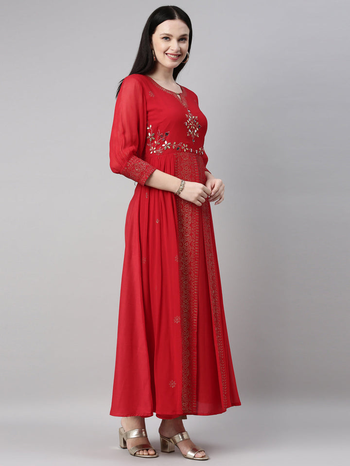 Neerus Red georgette embellished straight dress - back view