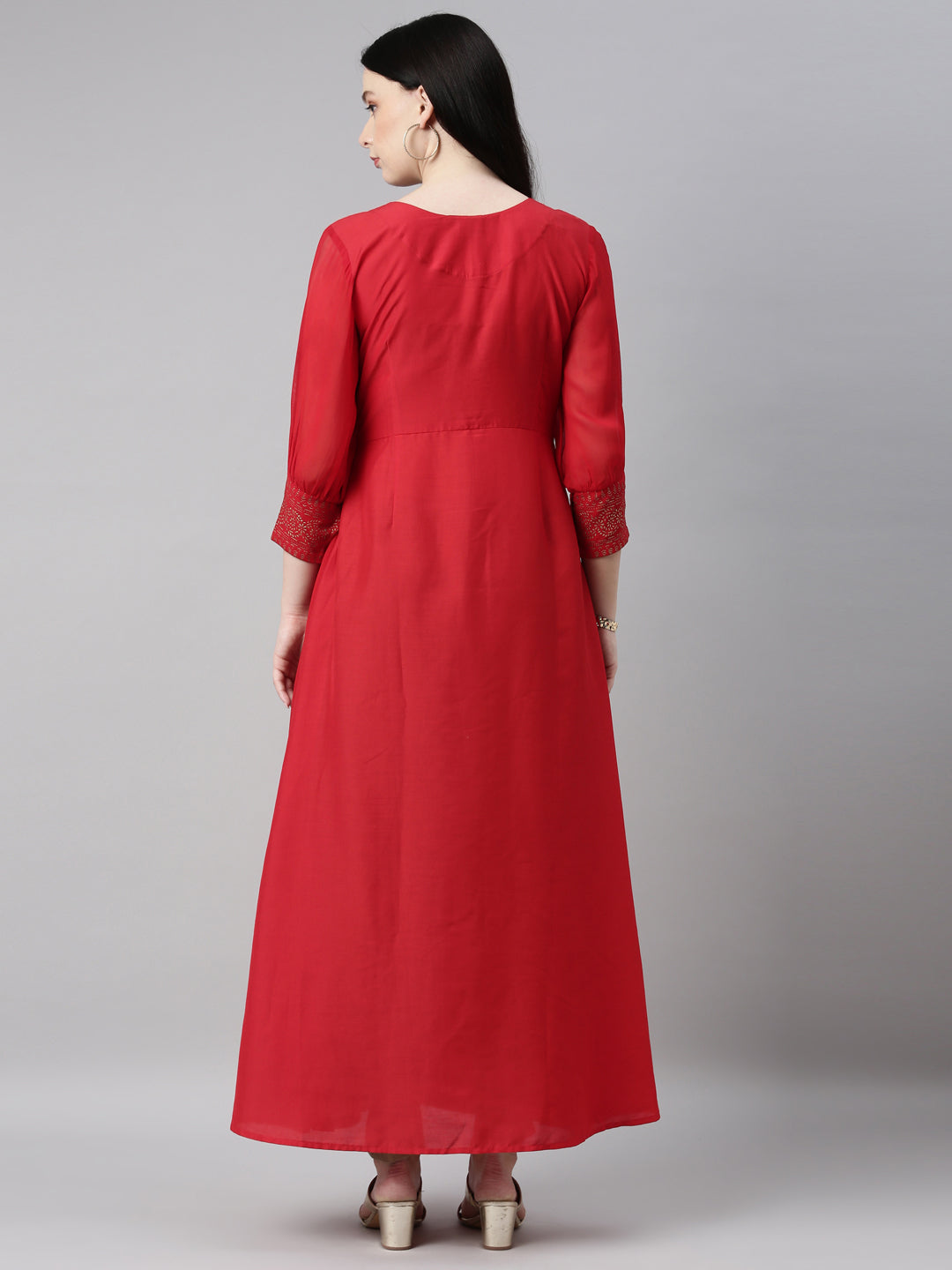 Neerus Red georgette embellished straight dress - side view