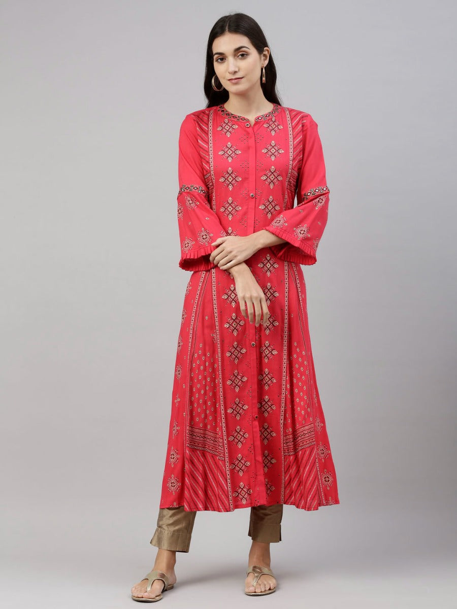 Neerus Pink viscose rayon solid kurti - back view
