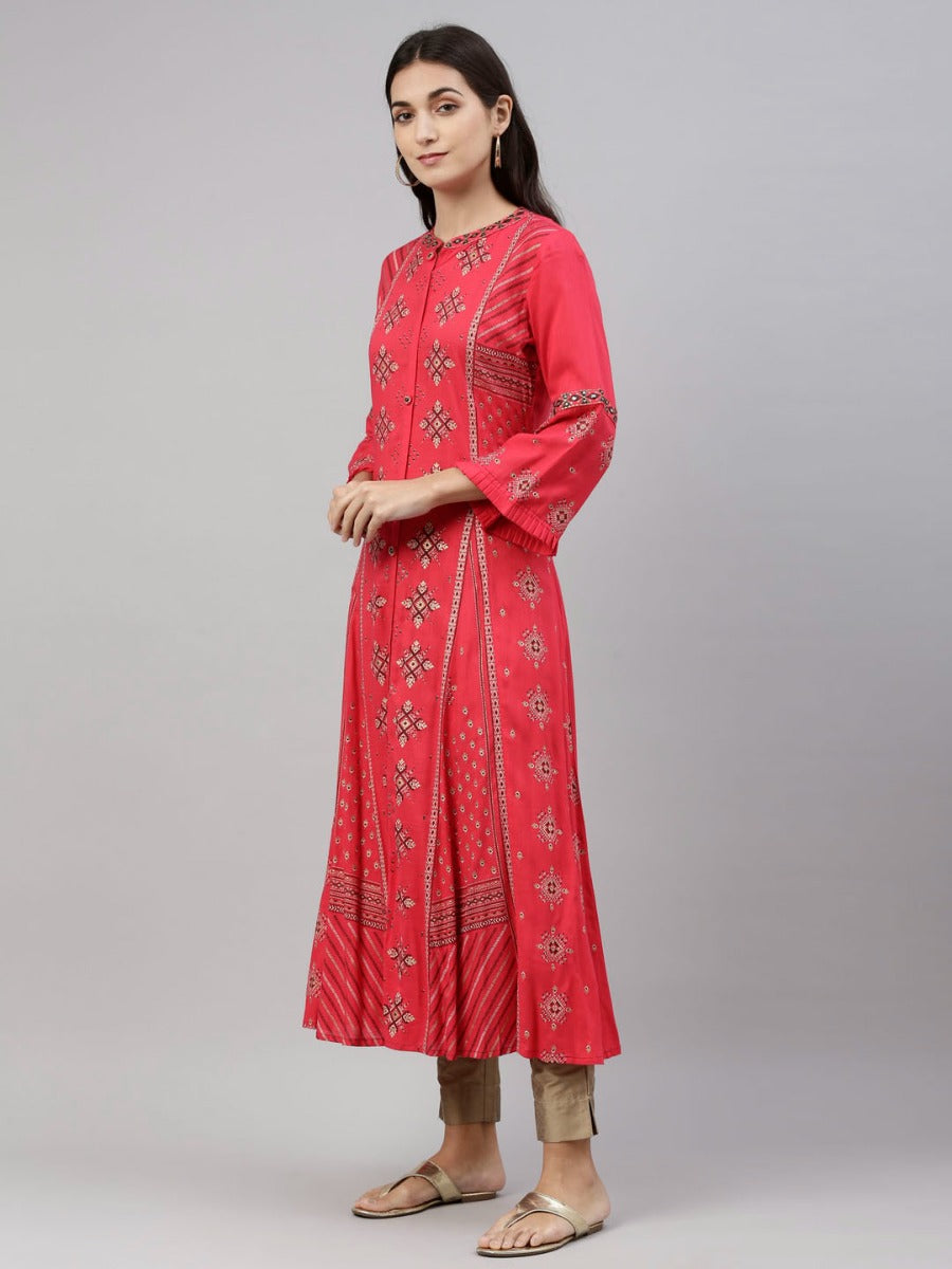 Neerus Pink viscose rayon solid kurti - detail view 2
