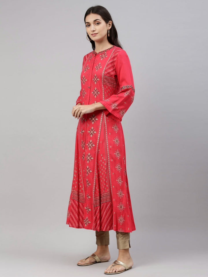 Neerus Pink viscose rayon solid kurti - detail view 2