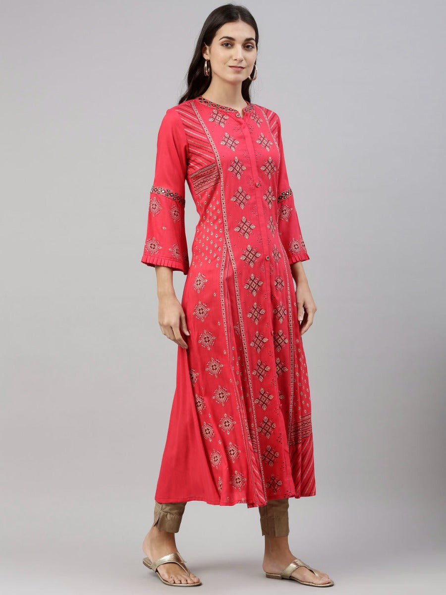 Neerus Pink viscose rayon solid kurti - detail view 3