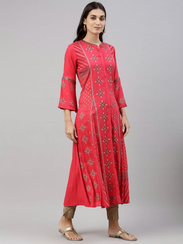 Neerus Pink viscose rayon solid kurti - detail view 3